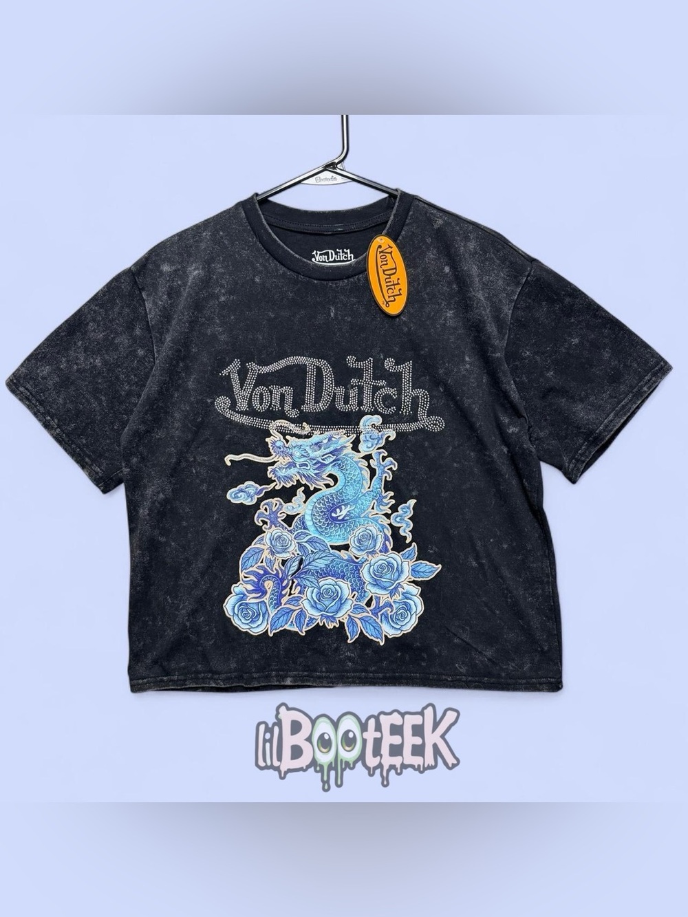 Von Dutch Ladies LG Dark Gray Crop Top w Dragon & Rhinestone Logo NEW VIRAL Y2K